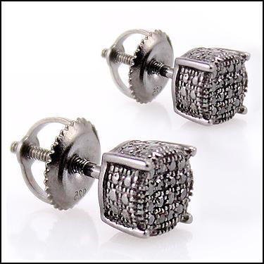 Black Diamond Stud Earrings 0.25 CTW Black Rhodium Sterling Silver Mens Square Studs