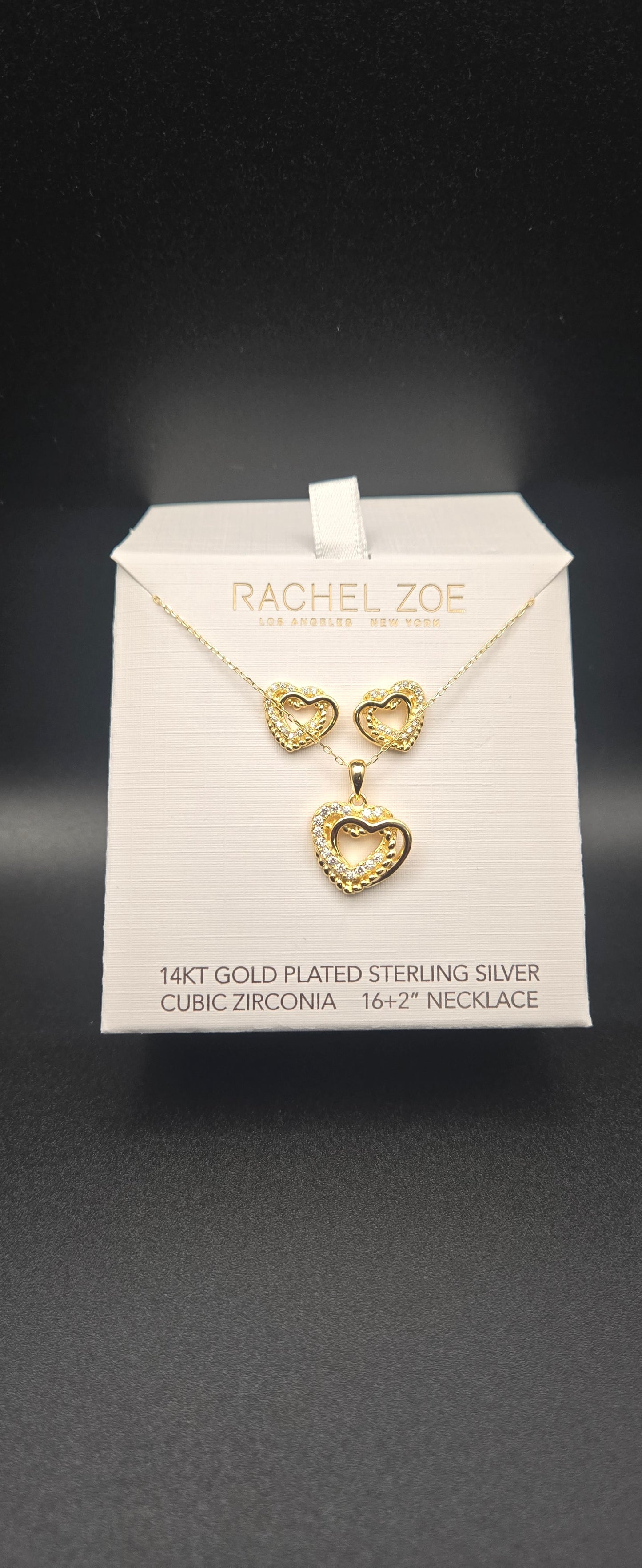 14K Gold Plated 925 Sterling Silver CZ Heart Jewelry Set Necklace & Earrings
