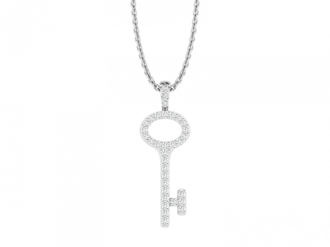 Diamond Key Pendant Necklace 0.20 CTW Sterling Silver Rhodium Finish 18 Inch Chain