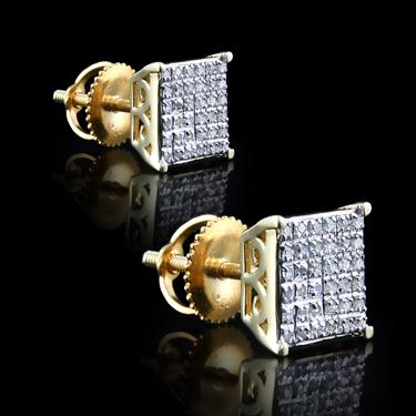 Unisex Diamond Stud Earrings 0.36 CTW Yellow Gold Over Sterling Silver Square Cluster