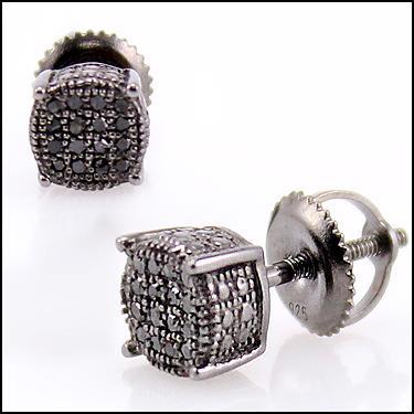 Black Diamond Stud Earrings 0.25 CTW Black Rhodium Sterling Silver Mens Square Studs