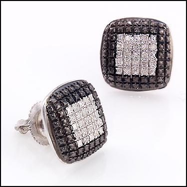 Mens Black and White Diamond Stud Earrings 1/4 CTW White Gold Over Sterling Silver