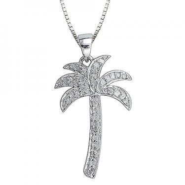 Diamond Palm Tree Pendant Necklace 0.13 CTW 14K White Gold Over Sterling Silver 18 Inch Chain