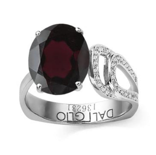 Garnet & Diamond Designer Ring – 14K White Gold Over Sterling Silver – Size 7