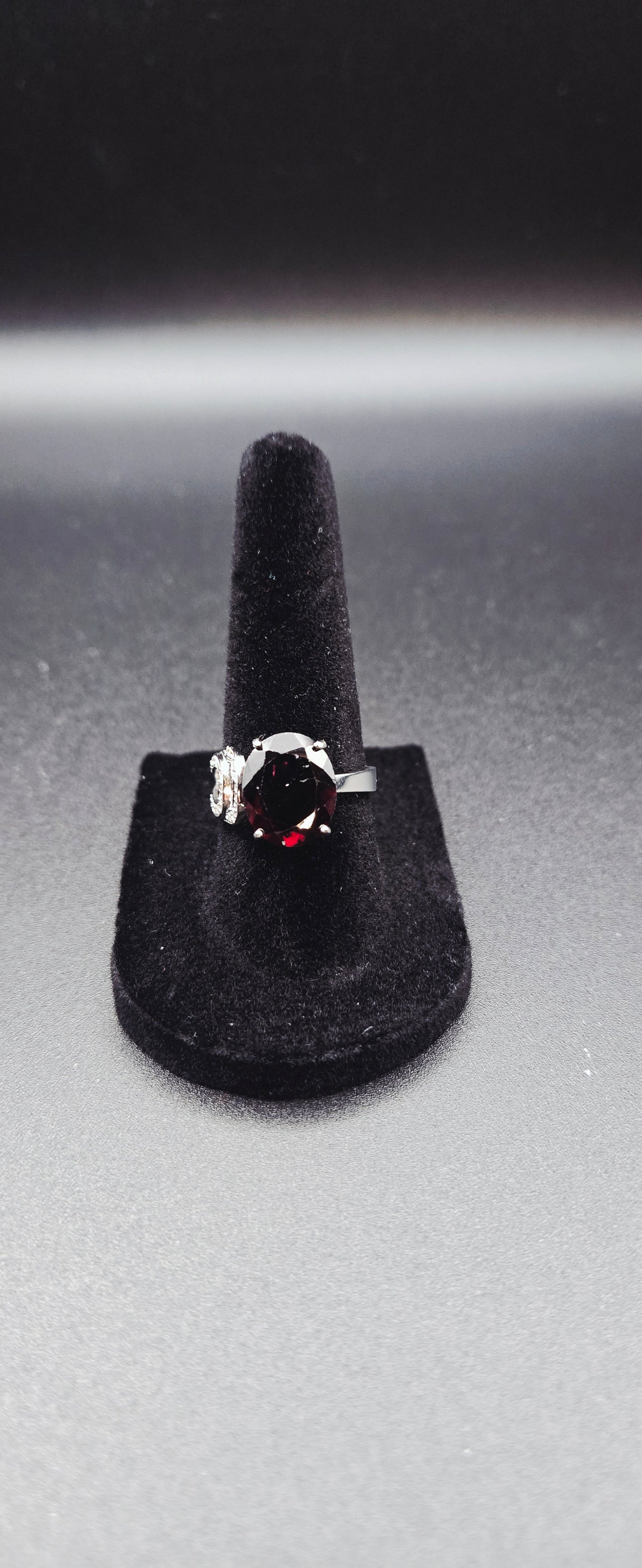 Garnet & Diamond Designer Ring – 14K White Gold Over Sterling Silver – Size 7