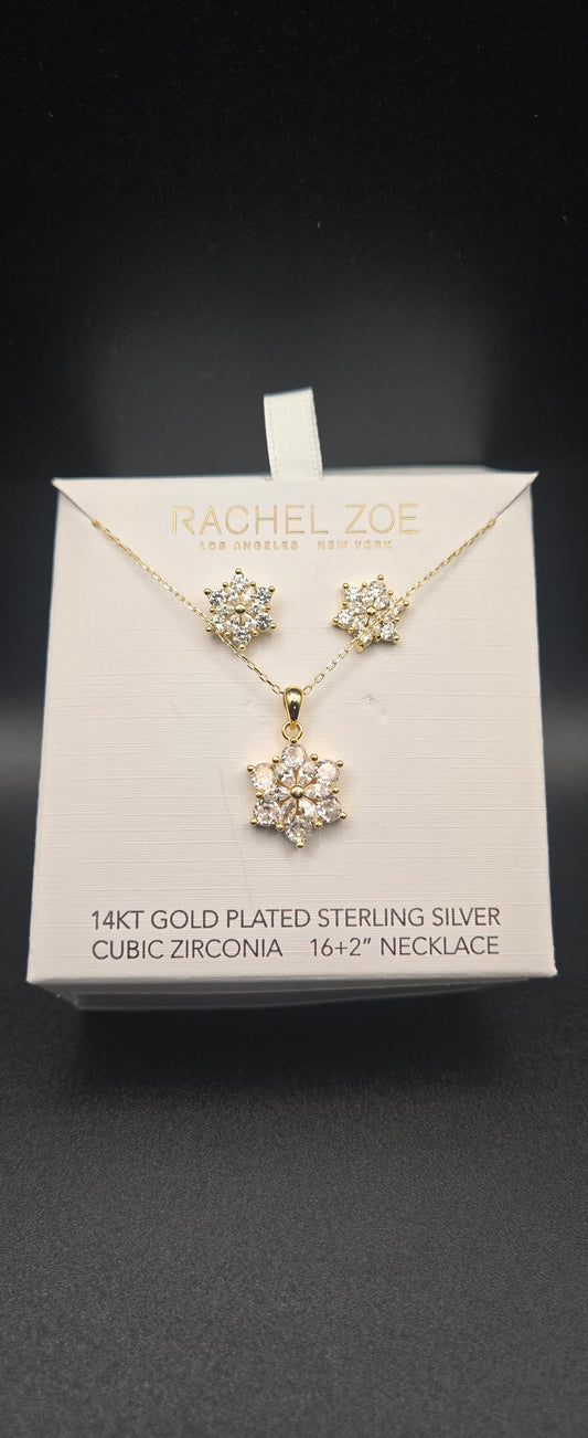 14K Gold Plated 925 Sterling Silver CZ Snowflake Jewelry Set Necklace & Earrings