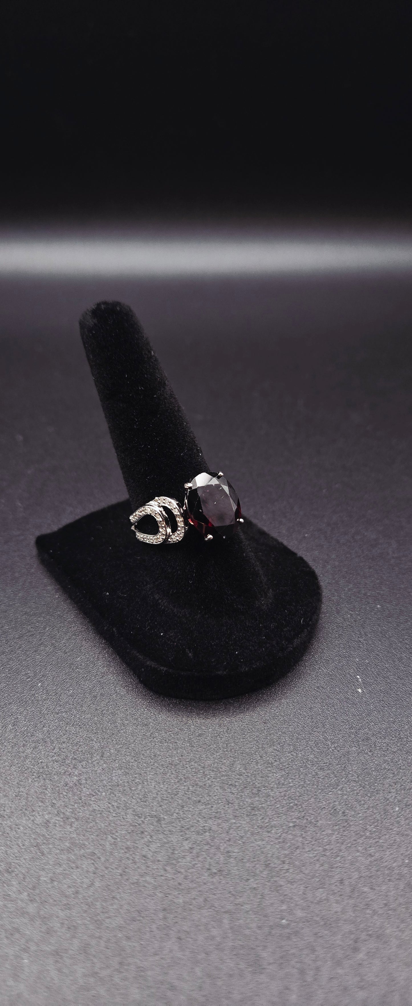 Garnet & Diamond Designer Ring – 14K White Gold Over Sterling Silver – Size 7