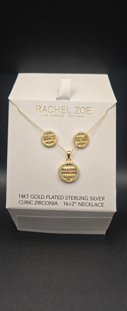 14K Gold Plated 925 Sterling Silver CZ Jewelry Set Halo Circle Necklace & Stud Earrings