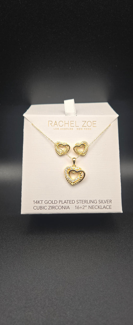 14K Gold Plated 925 Sterling Silver CZ Heart Jewelry Set Necklace & Earrings