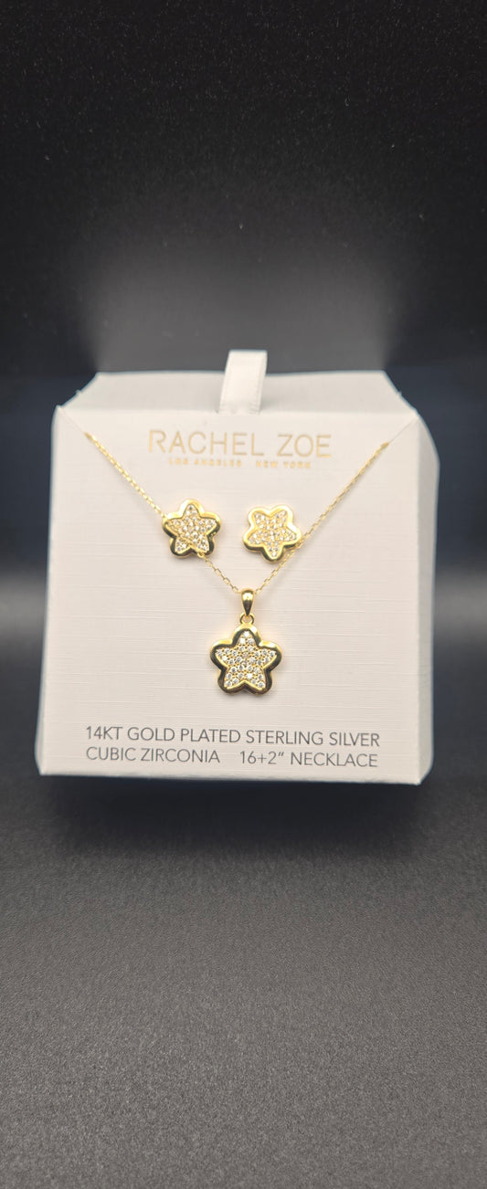 14K Gold Plated 925 Sterling Silver CZ Flower Star Jewelry Set Minimalist Pendant Necklace & Stud Earrings