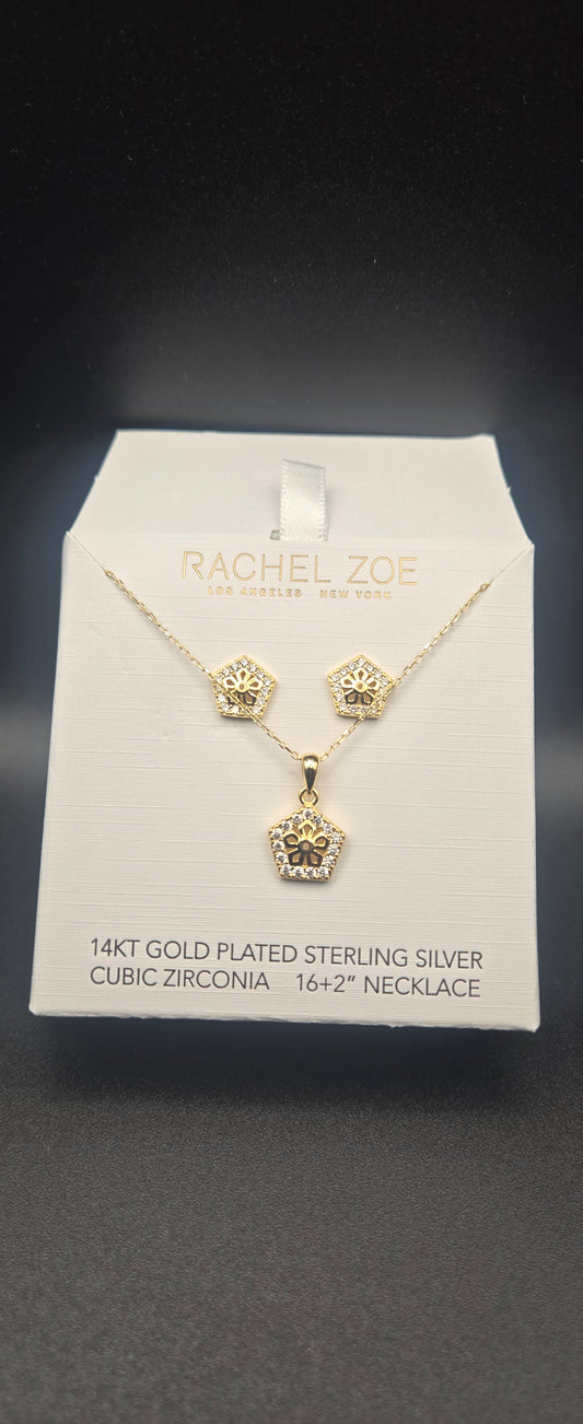 14K Gold Plated 925 Sterling Silver CZ Geometric Floral Jewelry Set Minimalist Pendant Necklace & Stud Earrings